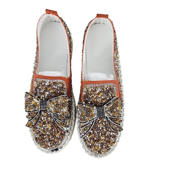 Womens 8.5/39 Rhinestone Bow Platform Sneakers Glitter Walking Slip-On Loafers - Picture 3 of 15